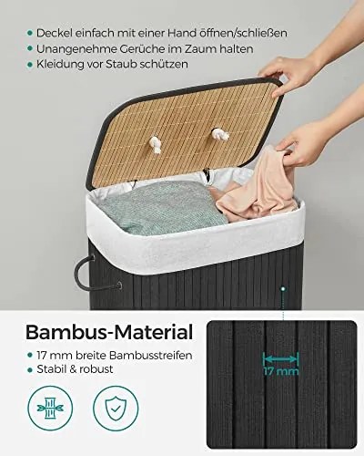 Bambusový kôš na bielizeň, 80x40x30cm, čierny