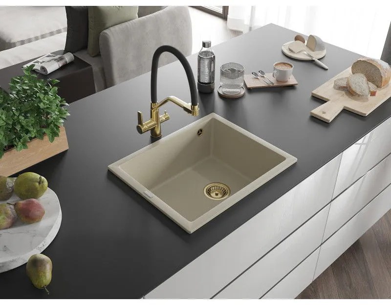 Mexen Pedro, granitový drez 560x460x200 mm, 1-komorový, béžová so zlatým sifónom, 6508561000-69-G