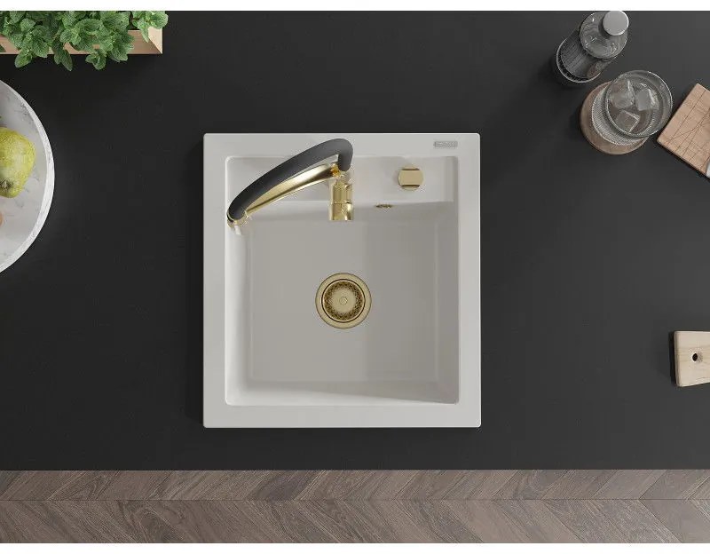 Mexen Vito, 1-komorový granitový drez 490x520x210 mm a drezová batéria Aster, biela, 6503-20-73450-57-G