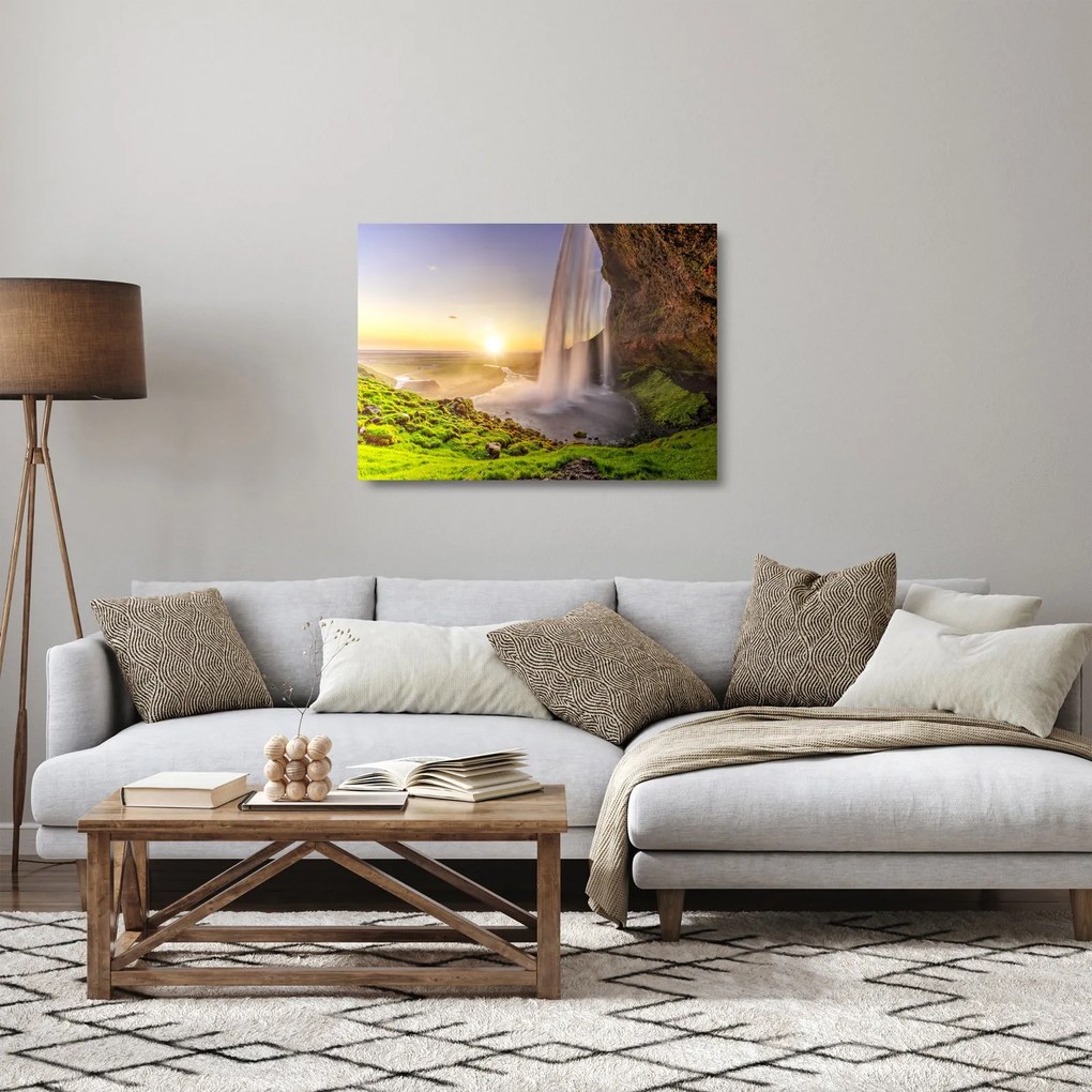 Sklenený obraz - Seljalandsfoss spoza vnútra jaskyne (70x50 cm)