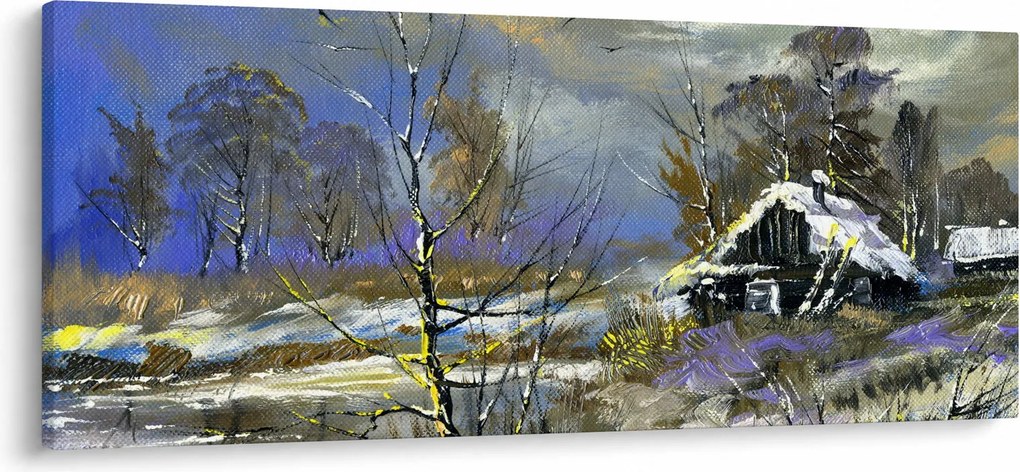 Obraz chalúpky v zimnej krajine, olejomaľba (120x50 cm)
