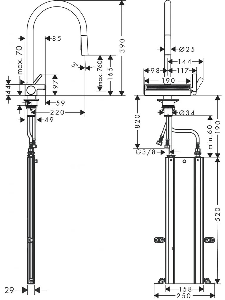 Hansgrohe Aquno Select M81 - Páková kuchynská batéria 170, vyťahovateľná sprška, 3jet, sBox, čierna matná 73831670