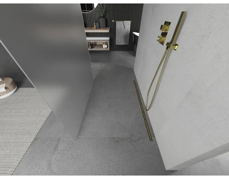 Mexen Kioto, priechodná sprchová zástena 100 x 200 cm, 8mm sklo námraza, 2x zlatá stabilizačná rozpera, 800-100-002-50-30