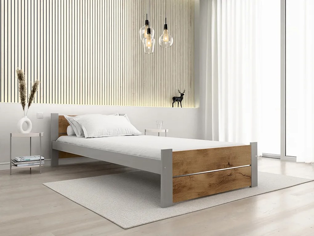 Posteľ IKAROS DOUBLE 90 x 200 cm, dub artisan/sivá Rošt: S lamelovým roštom, Matrac: Matrac Somnia 18 cm