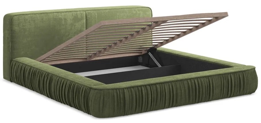 Zelená čalúnená dvojlôžková posteľ s úložným priestorom s roštom 160x200 cm Keoni – Makamii