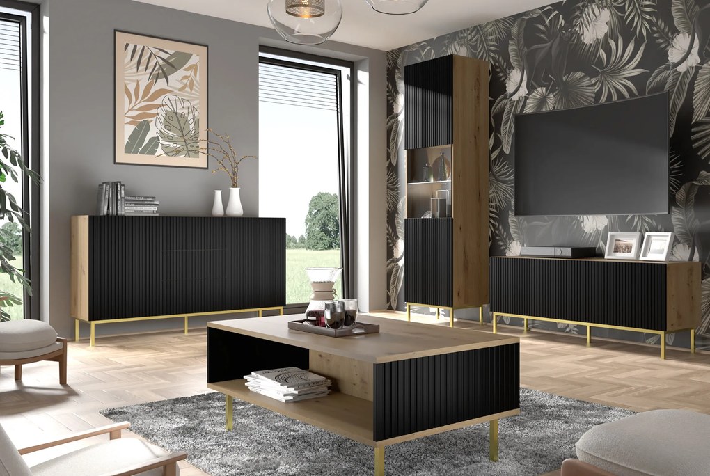 Konferenčný stolík Rowanna (dub artisan + čierna + zlatá). Akcia -20%. Vlastná spoľahlivá doprava až k Vám domov. 1124997