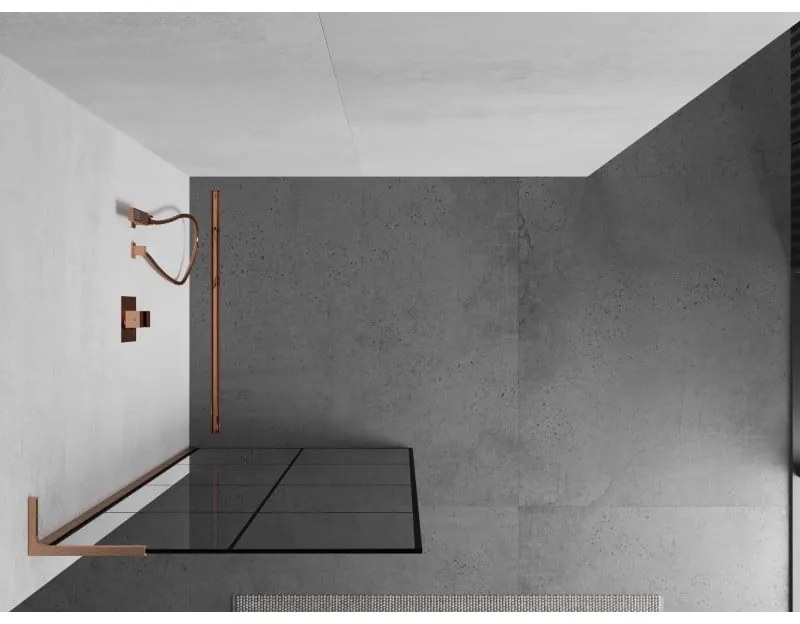 Mexen Kioto L, sprchová zástena Walk-In 90 x 200 cm, 8mm číre sklo čierny vzor, medený matný profil, 800-090-103-65-77
