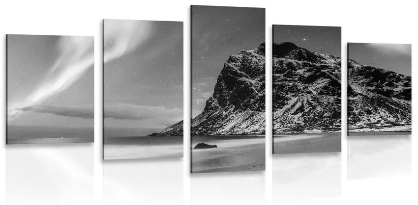 5-dielny obraz obraz polárna žiara v Nórsku v čiernobielom prevedení - 100x50