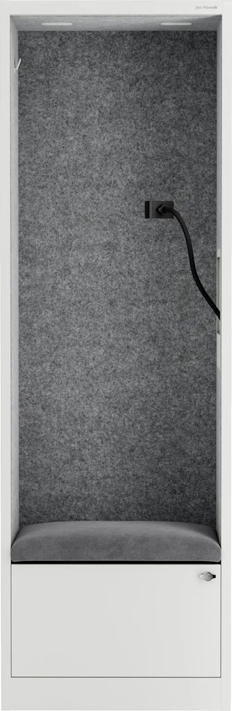 Kancelárska akustická kabína so sedadlom a portom USB-C, telo v biely / sedák sivá v zelenej farbe, 600 mm: SALLY MentalBox