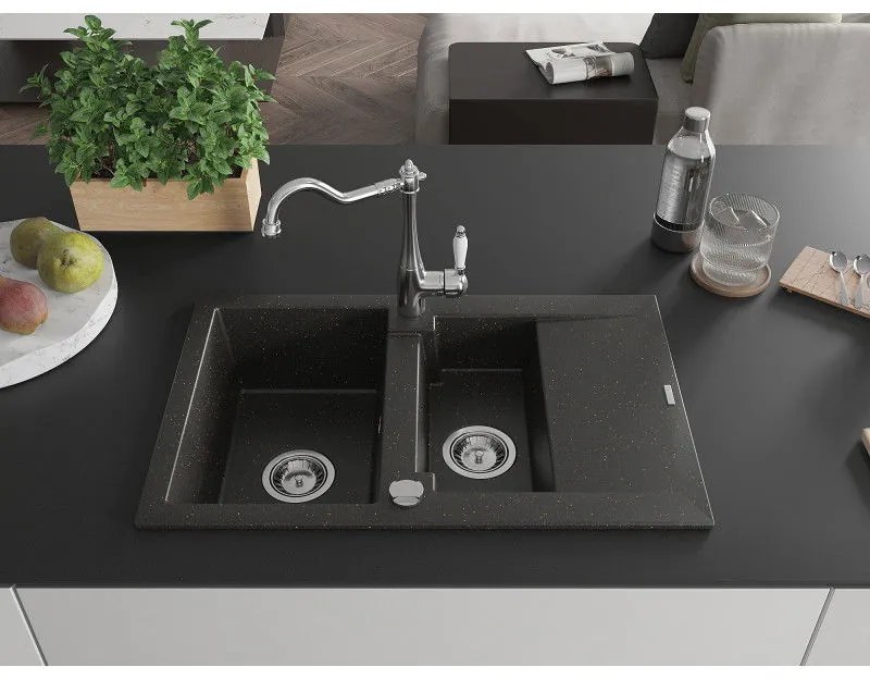 Mexen Gaspar, granitový drez 752x436x161 mm, 1,5-komorový a drezová batéria Carla, čierna-zlatá metalíza, 6507-75-670700-00