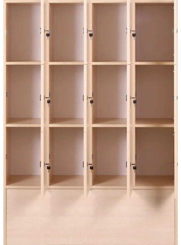 Drevená odkladacia skrinka S5 s úložnými boxami, 12 boxov, 1700 x 1200 x 420 mm, cylindrický zámok, orech