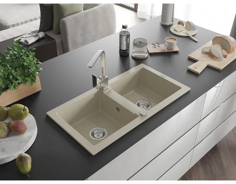Mexen Mario, granitový drez 820x436x161 mm, 2-komorový, béžová s chrómovým sifónom a chrómová drezová batéria Rita, 6504-69-670300-00