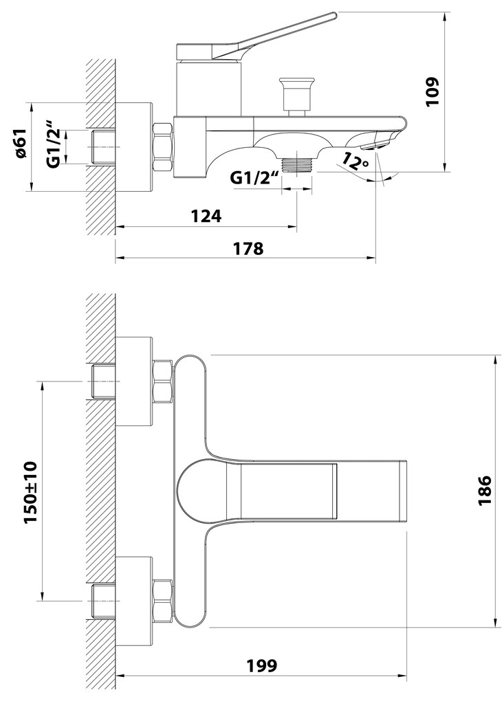 Aqualine, BOLERO Nástenná vaňová batéria, rozteč 150mm, chróm, BC010