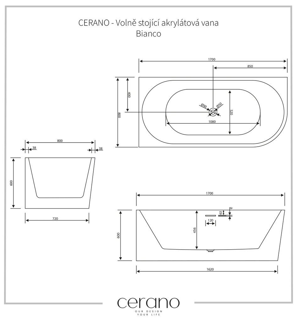 Cerano Delizia, voľne stojaca akrylátová vaňa 170x80 cm, ľavá, čierna-biela, CER-CER-413606