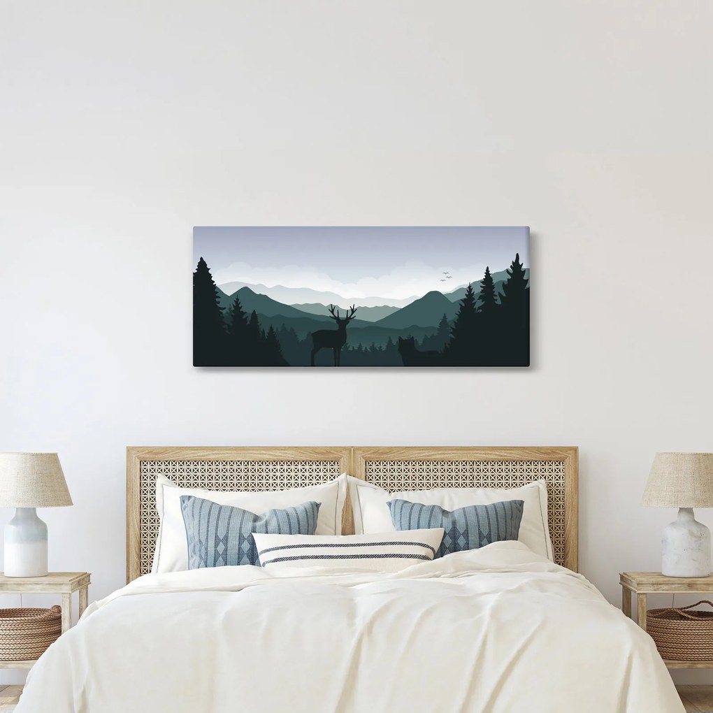 Obraz - Jeleň s vlkom v skalách (120x50 cm)