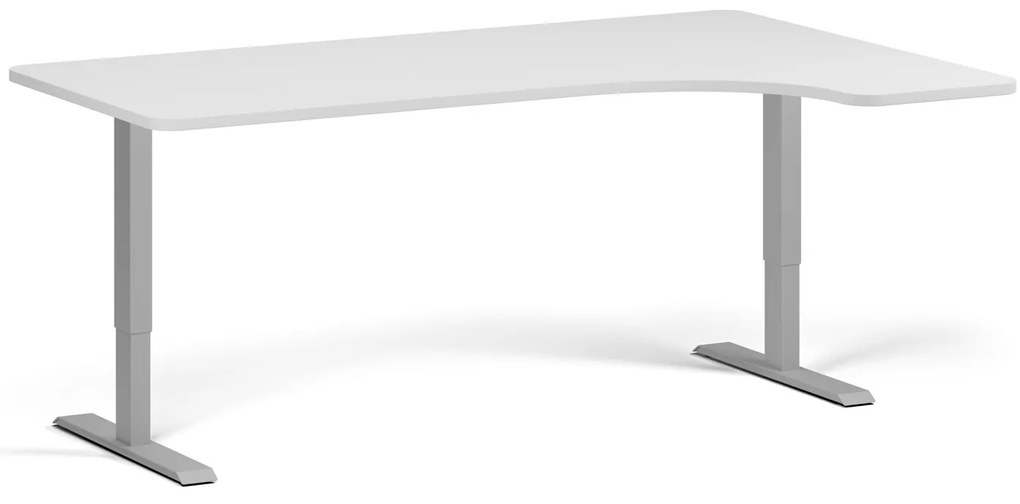 Rohový výškovo nastaviteľný stôl, 180x120 cm, 1 motor, L/P, sivá podnož, biela