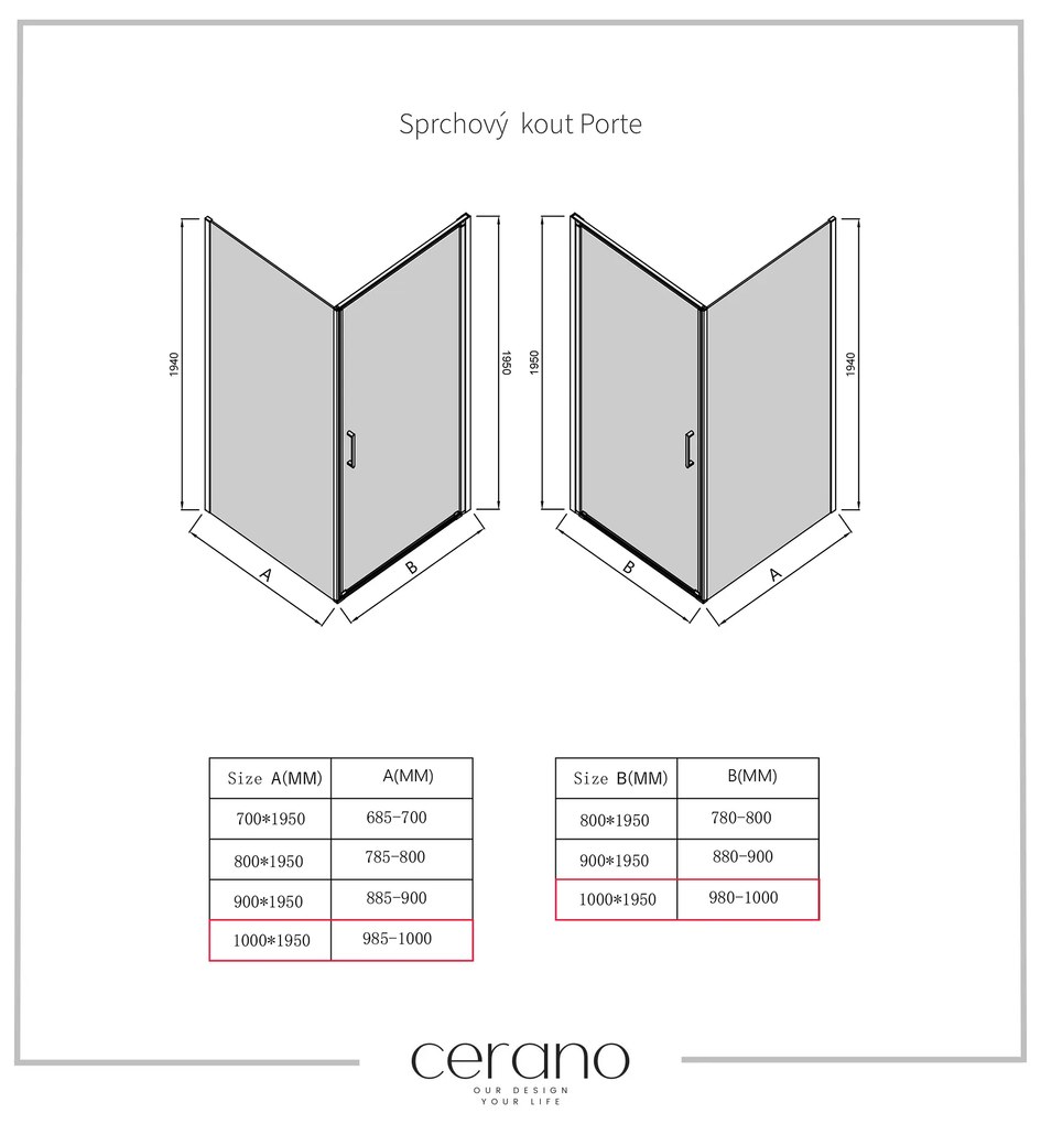 Cerano Porte, 1-krídlový sprchovací kút 100x100 cm, 8mm číre sklo, čierny profil, CER-CER-413594