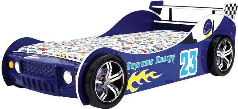 Detská pretekárska posteľ Energy 90x200 cm, modré auto s osvetlením