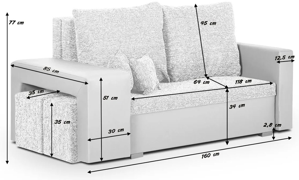 Rozkladacia pohovka MILAN 2 + 2 taburety Čierna/sivá