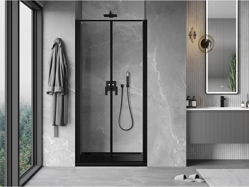 Mexen MIST, 2-krídlové sprchové dvere (d+d) 75x200 cm, 6mm číre sklo s čiernym vzorom, čierny profil, 8A7-075-000-70-70