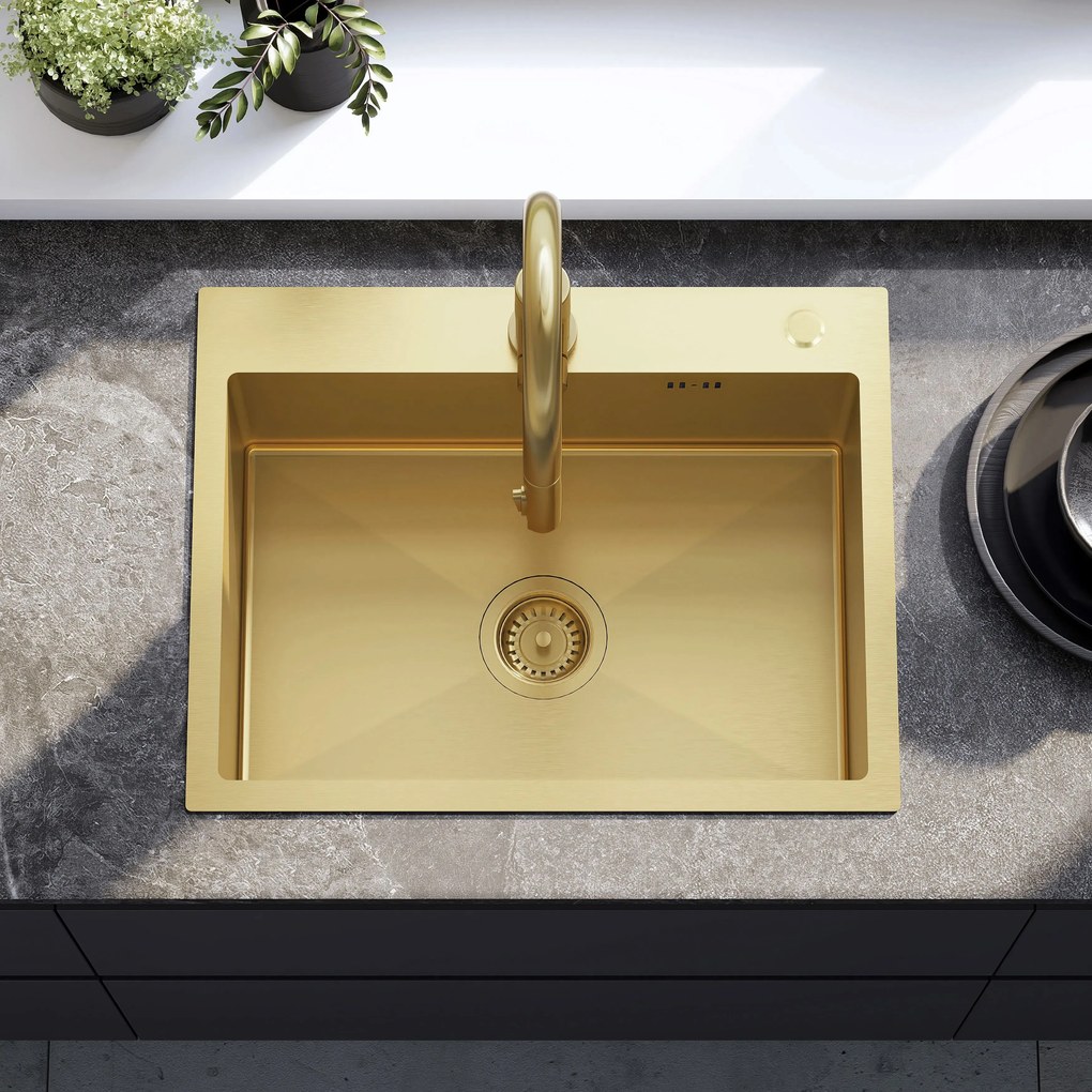 Rea Liam, oceľový kuchynský drez 530x450x200mm + sifón, zlatá matná, ZLE-06007