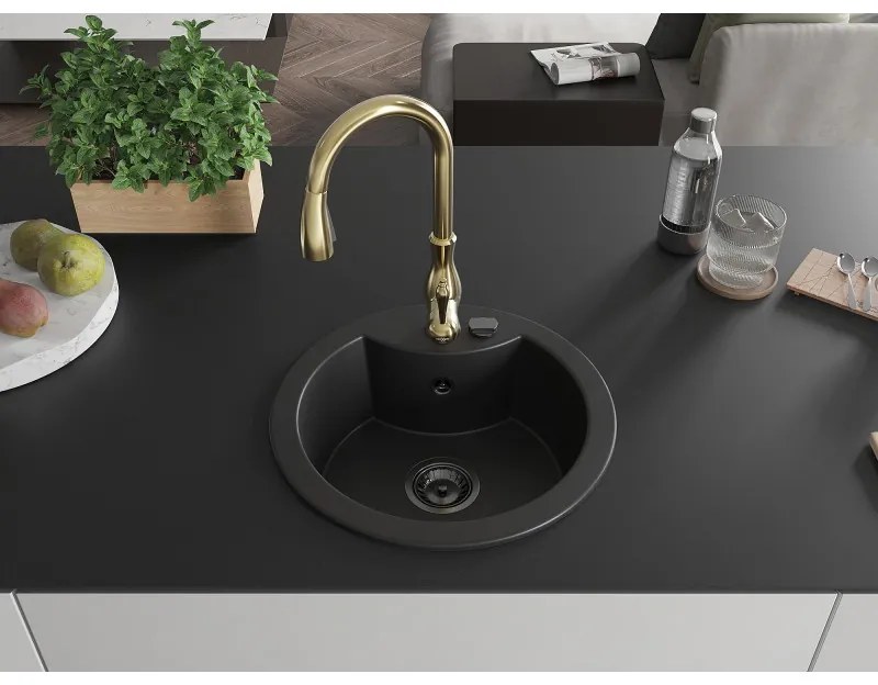Mexen Diego, 1-komorový granitový drez 488x488x167 mm a drezová batéria Savita, čierna, 6512-77-672601-50-B