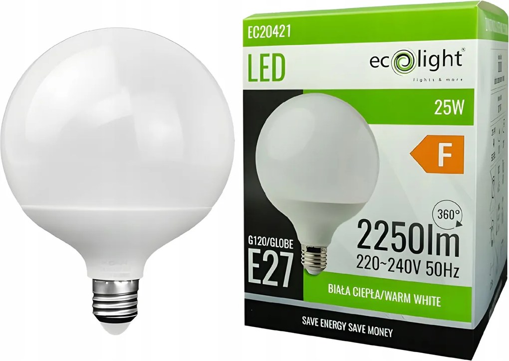 LED žiarovka E27 25W 2250lm 3000K Veľká guľa Silné teplé svetlo GLOBE G120