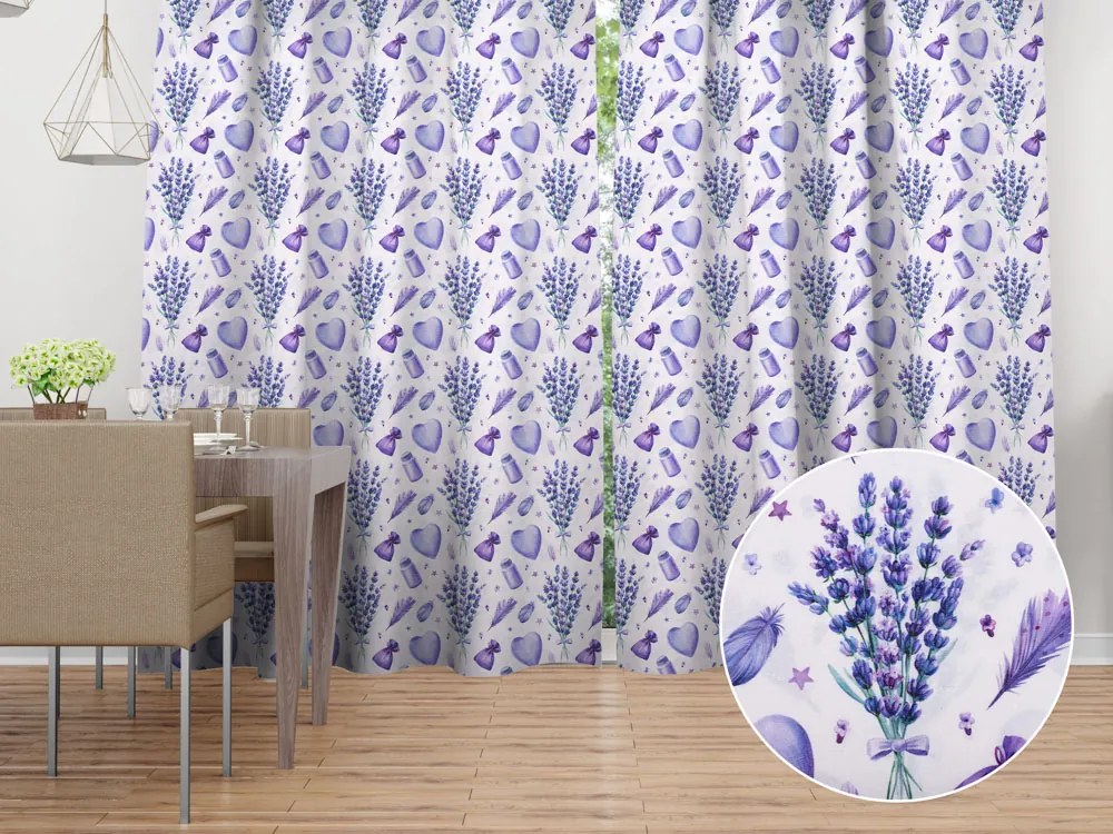 Biante Dekoračný záves PML-055 Levandule a srdcia na bielom 145x160 cm