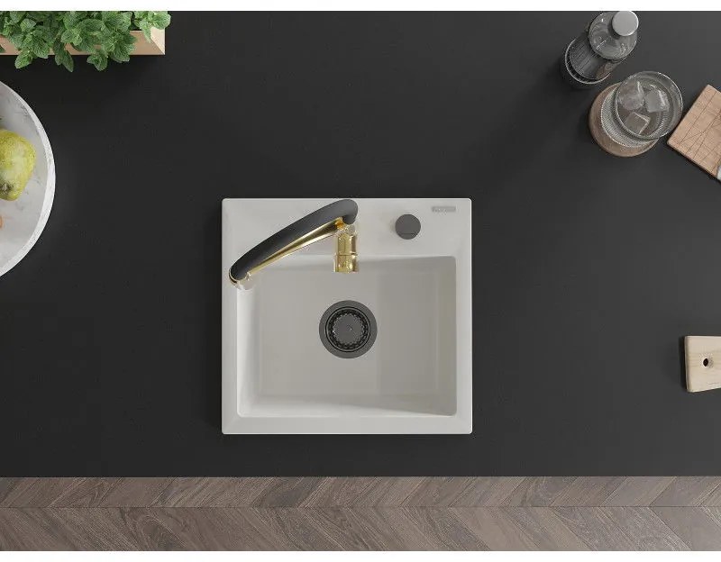 Mexen Milo, 1-komorový granitový drez 435x410x171 mm a drezová batéria Aster, biela, 6505-20-73450-57-B