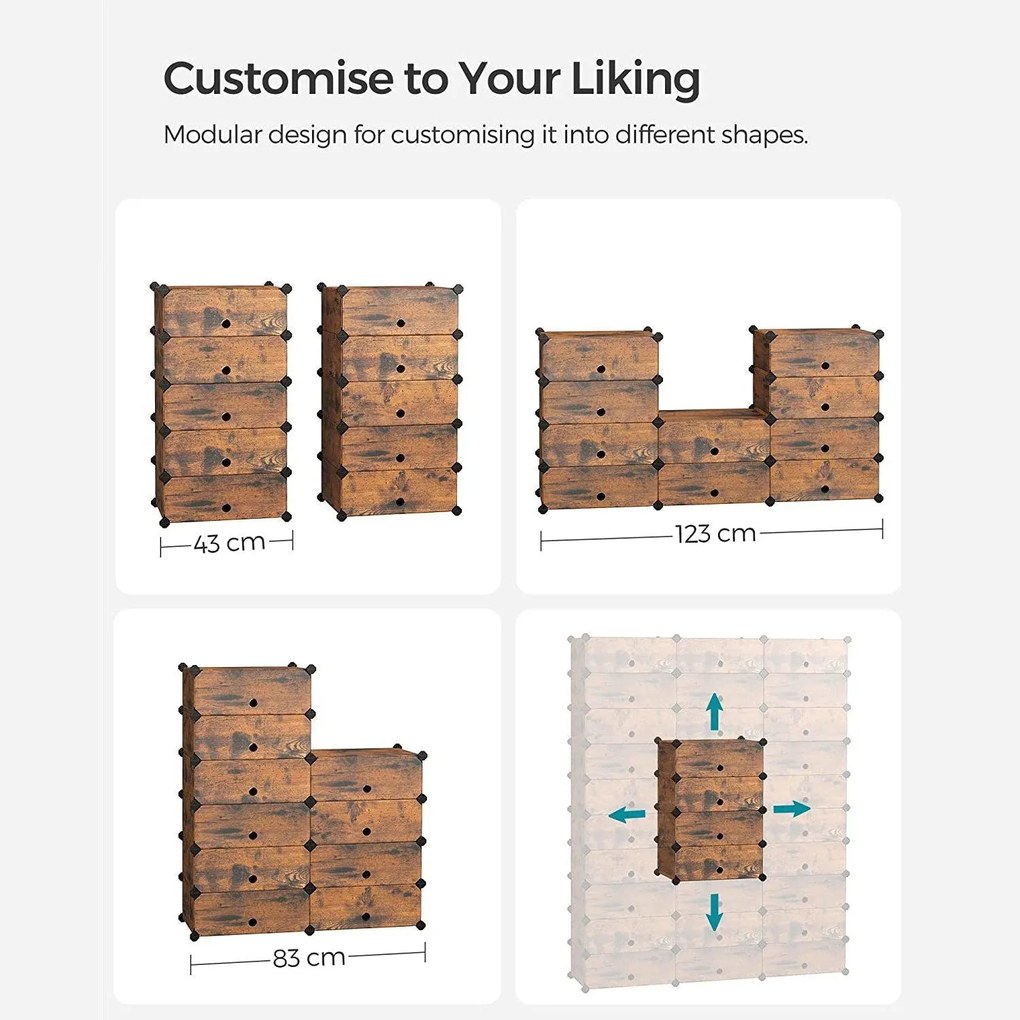 Modulárny policový systém, botník, 10 priehradiek, rustikálny hnedý