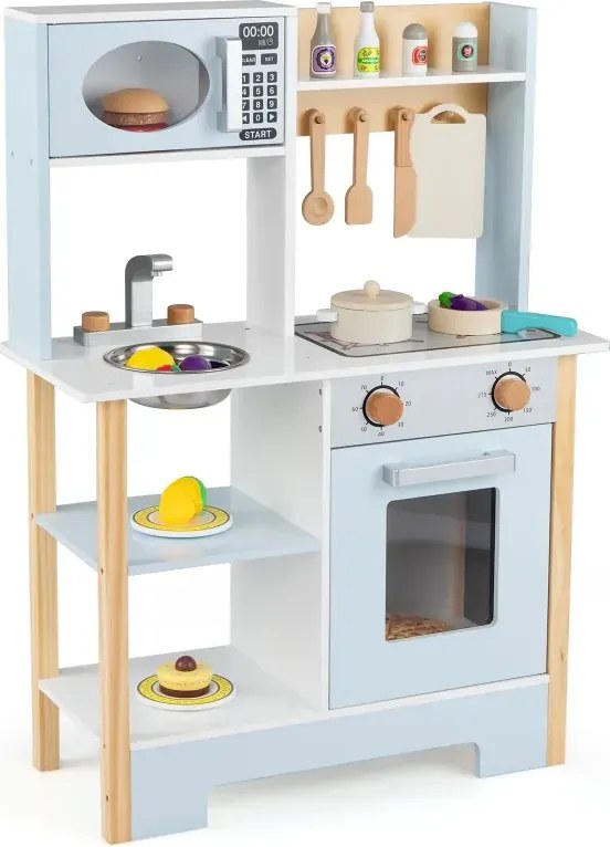 Detská kuchynka s tabuľou, mikrovlnnou rúrou, sporákom, odkvapkávacou miskou, vodovodným kohútikom a drezom Detská kuchynka Modrá