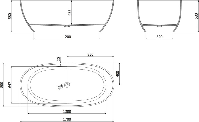 Mexen Pure, voľne stojaca priesvitná vaňa 170 x 80 cm, chrómová zátka, 58071708012