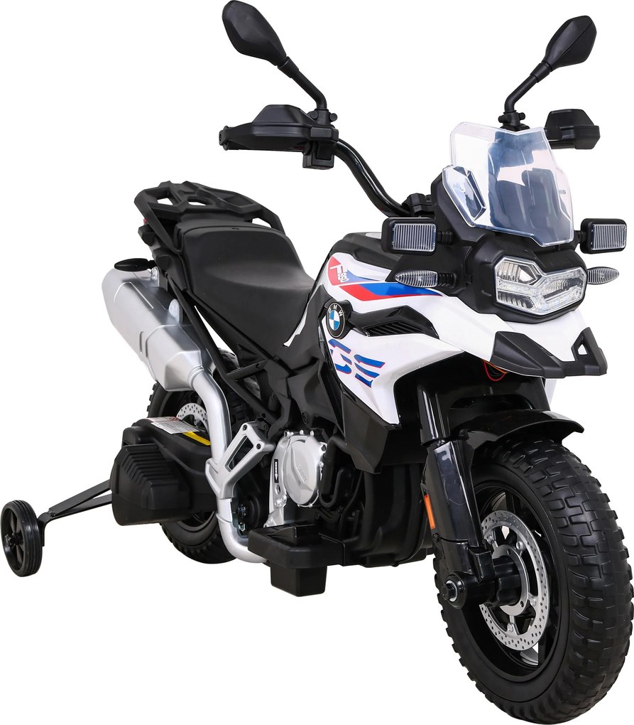 Ramiz BMW F850 GS Detský motocykel na batérie biely + asistenčné kolesá + LED audio + pomalý štart + EVA