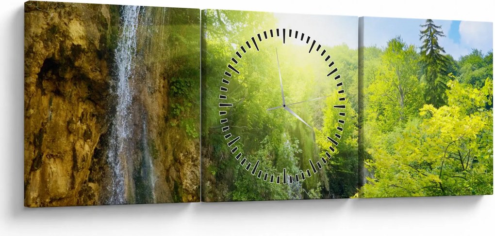 Obraz - vodopády v pralese (s hodinami) (90x30 cm)