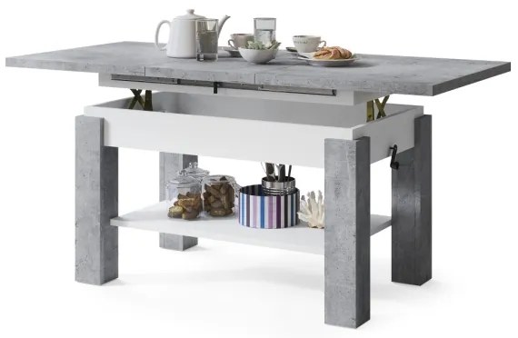 Rozkladací konferenčný/jedálenský stôl s policou ADONIS šedá betón/biela