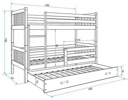 Detská posteľ CARINO s výsuvnou posteľou 80x190 cm - borovica Zelená