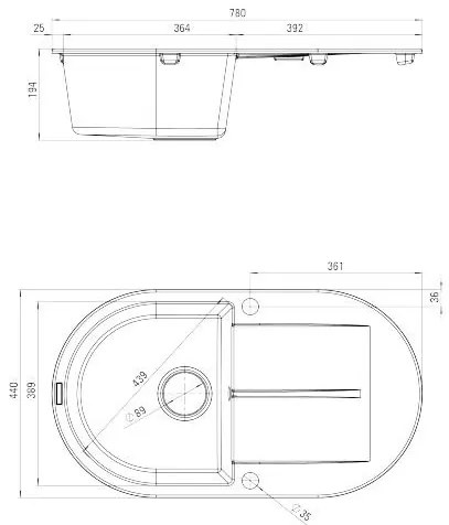 Deante Piva, granitový drez na dosku 780x440x194 mm Z/O, 3,5" + priestorovo úsporný sifón, 1-komorový, grafitová, ZQI_211B