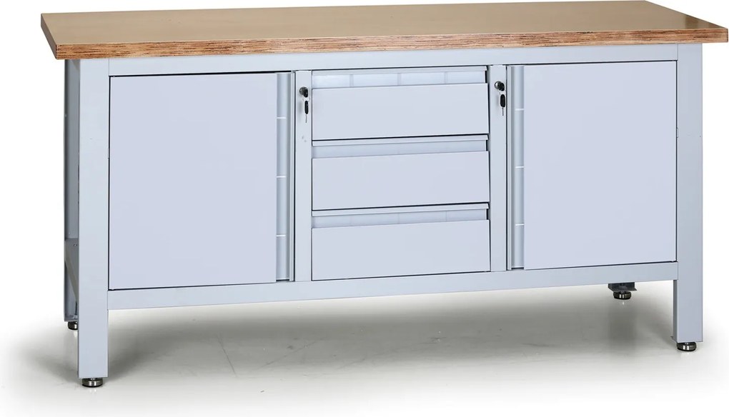 Pracovný stôl do dielne EXPERT, 3 zásuvky, 2 skrinky, 1690 x 600 x 860 - 900 mm, sivá