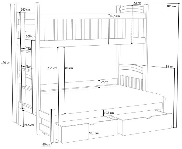 Detská poschodová posteľ z masívu borovice s rozšíreným spodným lôžkom LUKÁŠ so šuplíkmi - 200x90/140 cm - BIELA