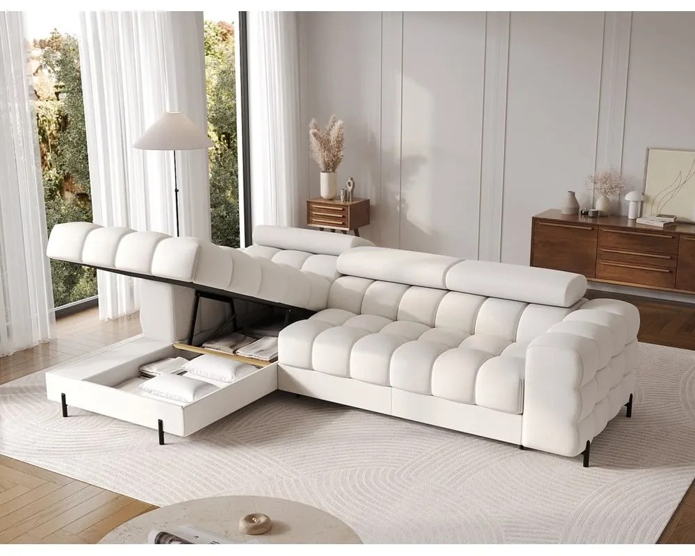 Krémovobiela rozkladacia/s úložným priestorom rohová pohovka z textílie buklé (ľavý roh/s leňoškou) Felro – ELTAP