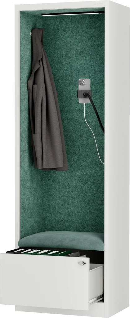 Kancelárska akustická kabína so sedadlom a portom USB-C, telo v Biely farbe / sedadlo v zelenej farbe, 600 mm: SALLY MentalBox