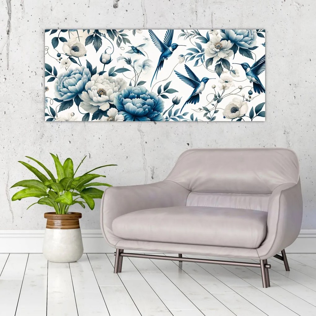 Obraz - Kolibríky s kvetmi (120x50 cm)