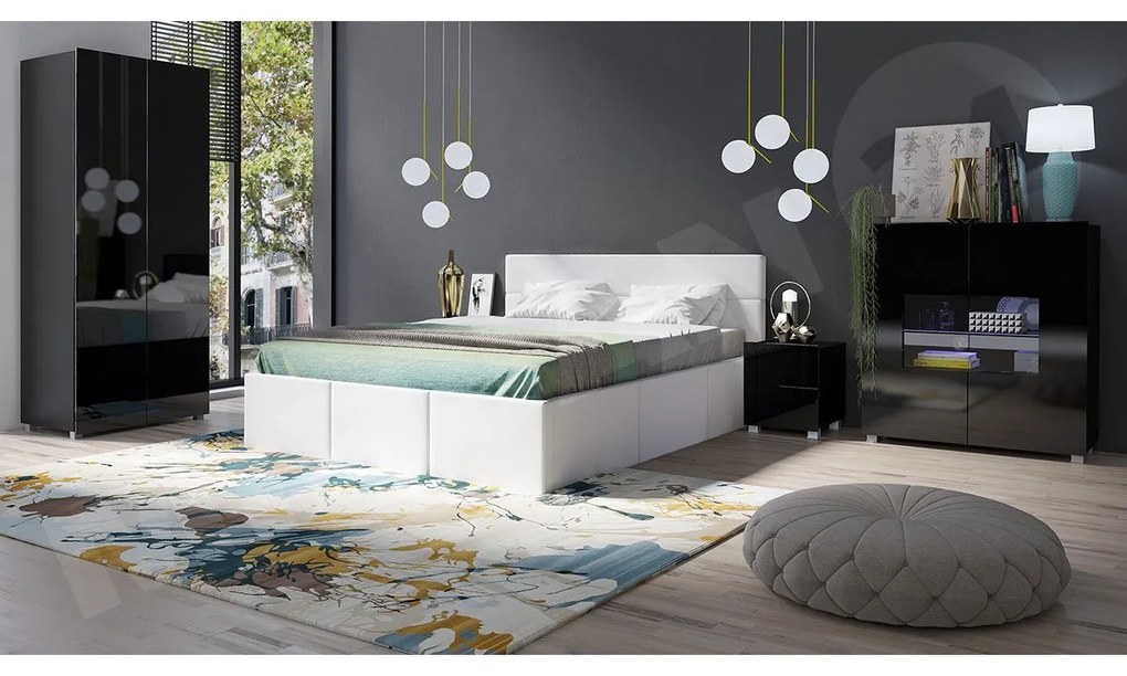 Spálňa Bralani XIX, Farby: čierny / čierny lesk, Dostupné poťahy: ekokoža Soft 011, Osvetlenie: bez osvetlenia