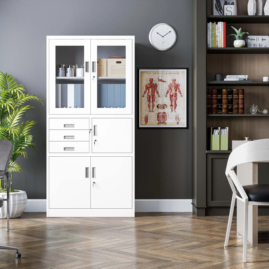 Kovová spisová skriňa so zásuvkami, vitrínou a trezorom FILIP, 900 x 1850 x 400 mm, biela