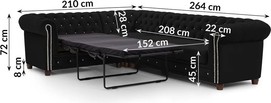 Čierna zamatová rozkladacia rohová pohovka (ľavý roh/do L) York Blik – Ropez