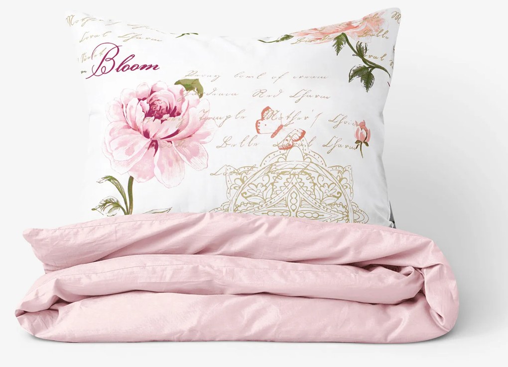 Goldea bavlnené posteľné obliečky duo - pivonky s textami s púdrovo ružovou 140 x 200 a 70 x 90 cm