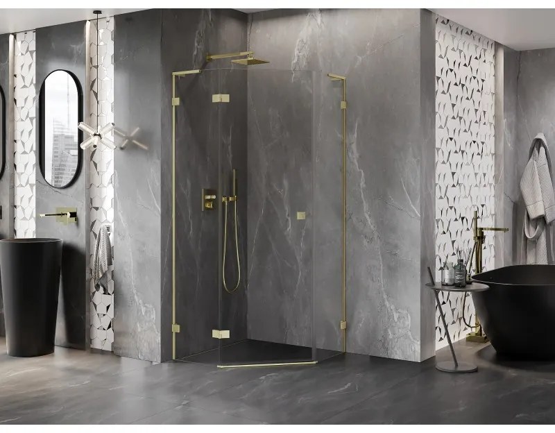Mexen Lunar, L päťuholníkový sprchový kút naklápací doľava 80 x 80 cm, 8mm číre sklo, zlatý matný profil, 831L-080L-080P-55-00-L
