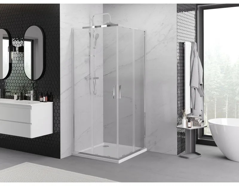Mexen Exo, štvorcový sprchovací kút s posuvnými dverami 90x90 cm, 6mm číre sklo, chrómový profil, 8111-090-090-01-00