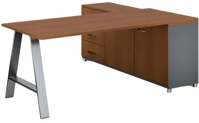 Rohový kancelársky písací stôl PRIMO STUDIO, skrinka vľavo, 1800 x 800 mm, sivá/čerešňa