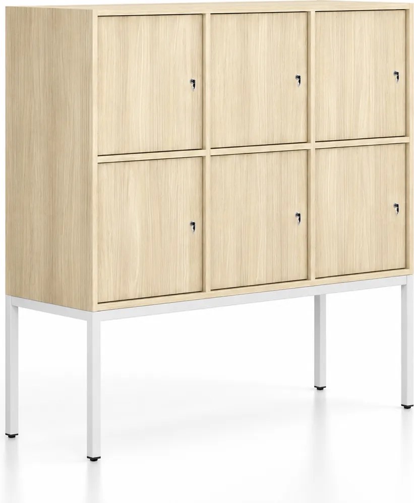 Kancelárska skriňa FRAME, nízka, biela podnož, 6x dvere, 1299 x 450 x 1331 mm, cylindrický zámok, dub prírodný